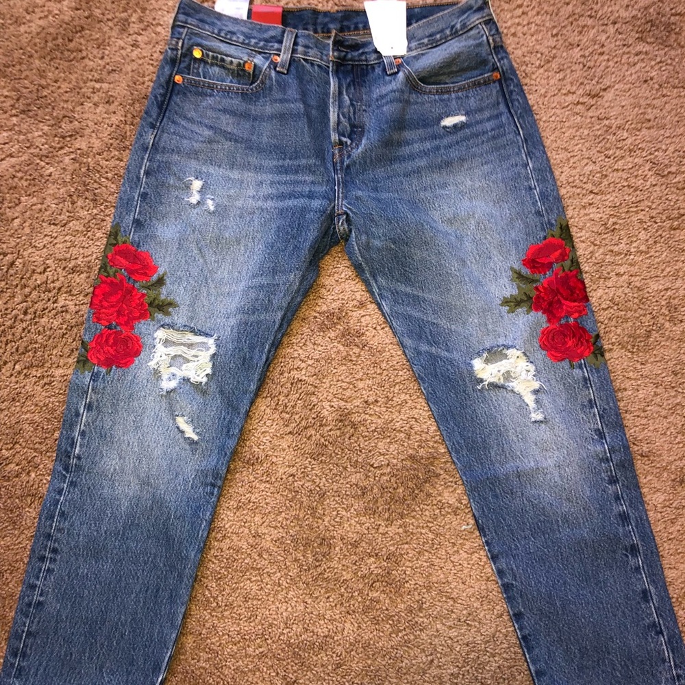 Levi 501 floral embroidered taper cropped jeans